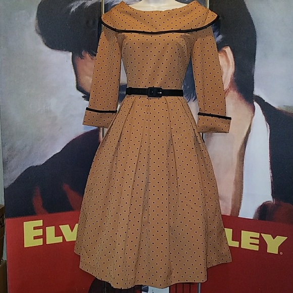 Tatyana Iced Coffee 1940's Mocha Polka Dot 3/4 Sleeve Military Pinup Swing Dress - Picture 2 of 9